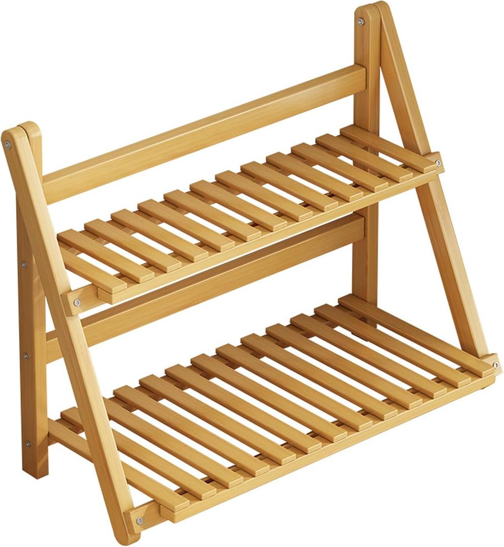YANQINQIN Bamboo Double-Layer Storage Shelf - 11.8" L x 7.5" W x 13.8" H, Foldable Wooden 2-Tier Ladder Shelves,for Kitchen, Desk, Bathroom, Garden，Secure Storage, Stable Design