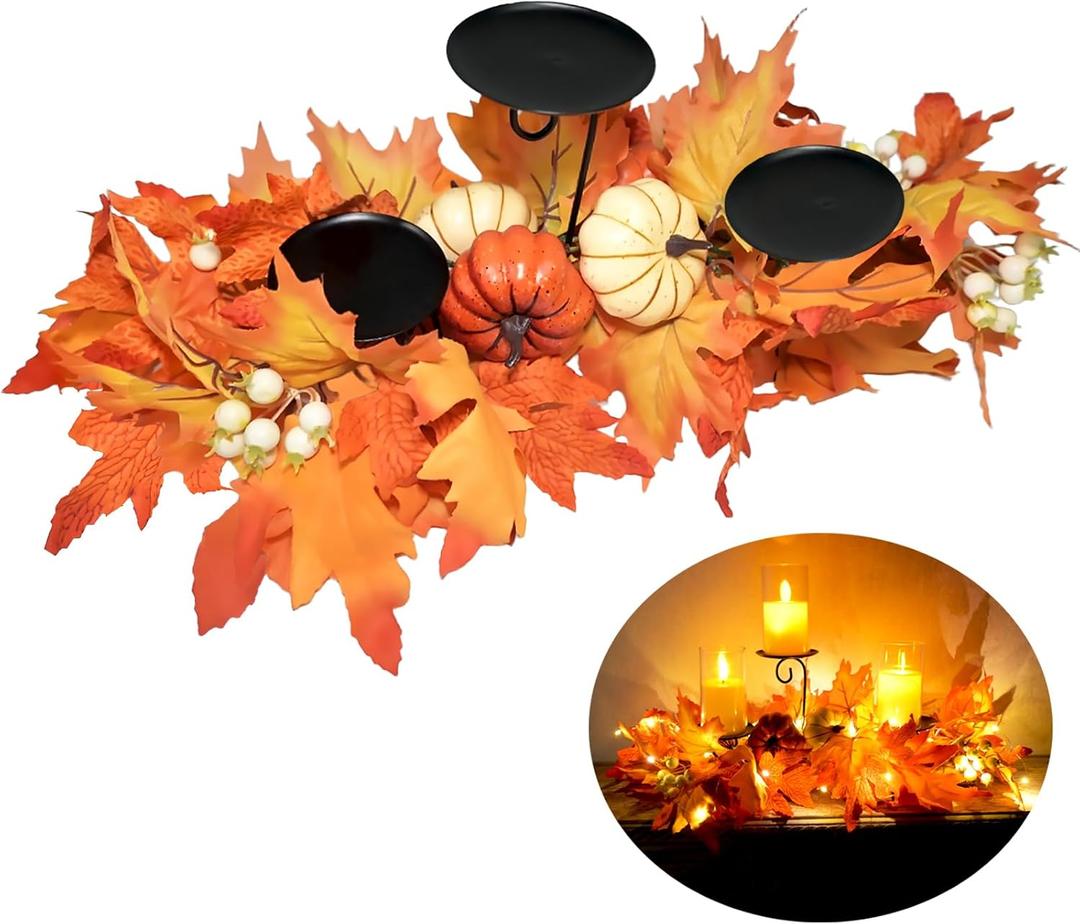 Fall Candle Holder Centerpiece for Table with Lights 3 Wick Candle Holde with Big Pumpkins Cute Berries and Rich Maples Autumn Decorations for Table Centerpiece Dining Room Desktop Indoor Home Decor