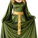 Mepase Women Fairy Renaissance Dress Costume Set Carnival Medieval Outfit with Elf Ear Necklace Earring Masquerade Cosplay (Green)