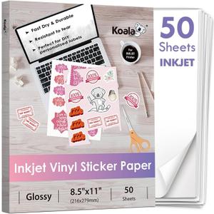 Koala Inkjet Printable Vinyl Sticker Paper for Inkjet Printer - 50 Sheets White Glossy Sticker Paper, Waterproof Sticker Printer Paper 8.5x11 Inch, Tear-Resistant, Removable