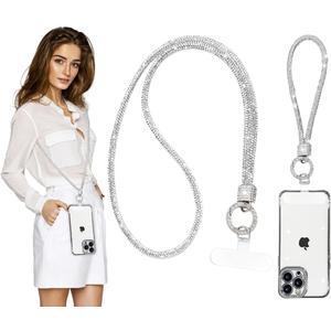 2Pcs Phone Crossbody Lanyard and Wrist Strap, Crystal Cellphone Lanyard with Full Rhinestone Bling Glitter, Bling Phone Strap with Tether Patch for Most Phone Handbag WalletWhite