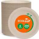 ECOLipak 6 Inch Disposable Compostable Small Paper Plates, 200 Pack Recycled Sugarcane Bagasse Biodegradable Heavy Duty Mini Dinner Appetizer Cake Dessert Plates for Party(Nature)