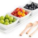 Ceramic Chip and Dip Bowl with Serving Tray and Spoons, 3 Square Sauce Cups Dip Bowls for Parties, Serving Dishes for Entertaining Condiment Tray for Snacks, Appetizers, Sauces