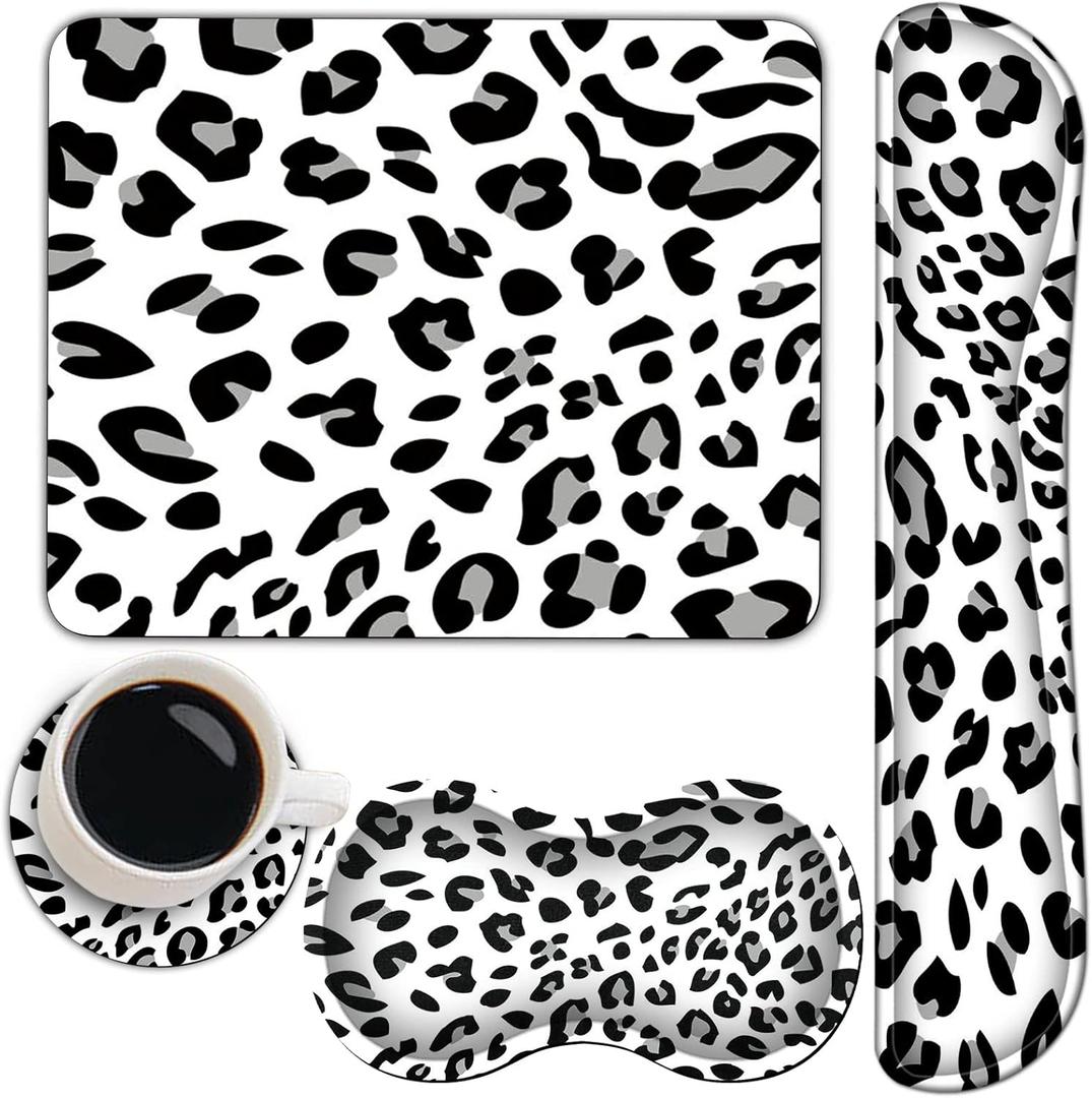 Keyboard Wrist Rest + Mouse Pad + Mouse Wrist Rest Support + Coaster Set, Ergonomic Memory Foam Mouse and Keyboard Pad Set for Laptop Computer Office Home Working Gaming,Leopard Print
