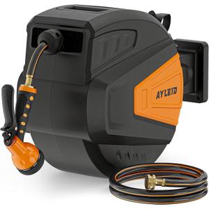 Ayleid Retractable Garden Hose Reel,1/2 in x 65 ft Wall Mounted Hose Reel, with 9- Function Sprayer Nozzle, Any Length Lock/Slow Return System/Wall Mounted/180Swivel Bracket (Black)