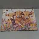 BLINFEIRU Highland Cow Wall Art Decor, Rustic Farmhouse Cows with Flowers Painting Canvas Print, Western Country Animals Picture for Living Room Bedroom Bathroom Decorations, Framed Ready to Hang (16"L x 12"W)