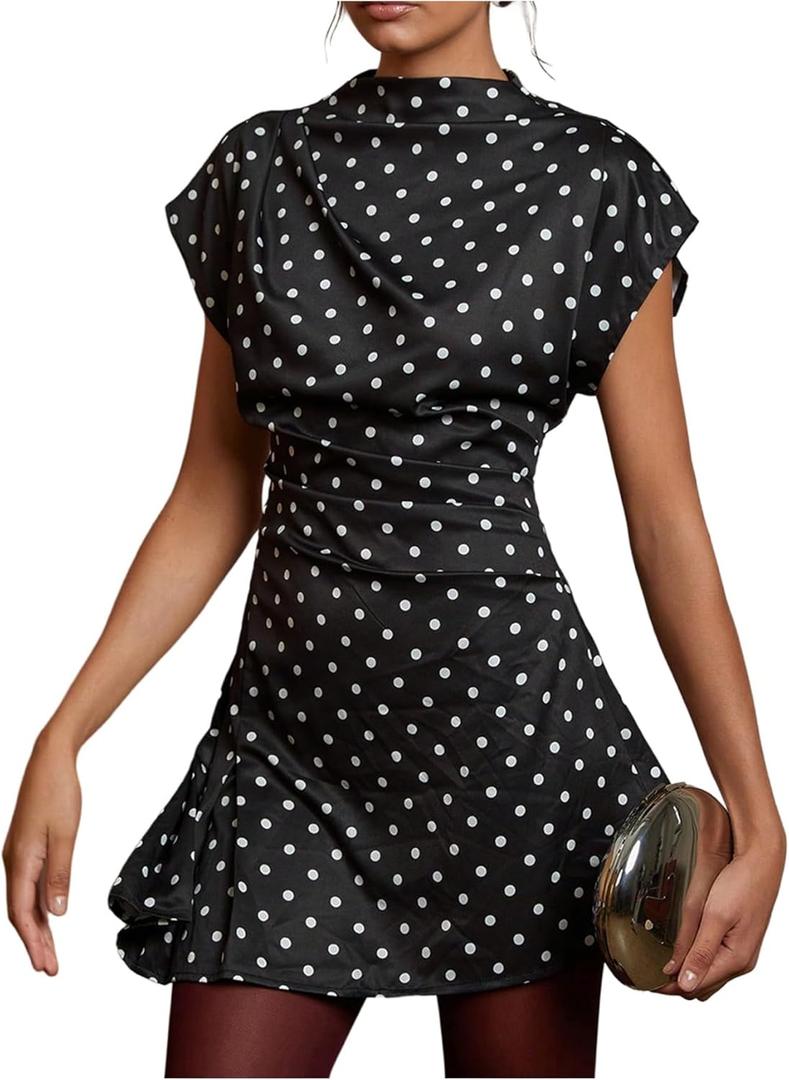OYOANGLE Women's Polka Dots Short Sleeve Mock Neck Ruched Cinched Waist Dress Party Cocktail Dresses, Small