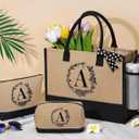 Personalized Gifts for Women Tote Bag, Initial Jute Tote Bag & Makeup Bags Monogrammed Beach Bag w/ Zipper, Mothers Day Birthday Gifts for Women Her Friends Mom Daughter Sister Grandma Teacher Nurse, Large