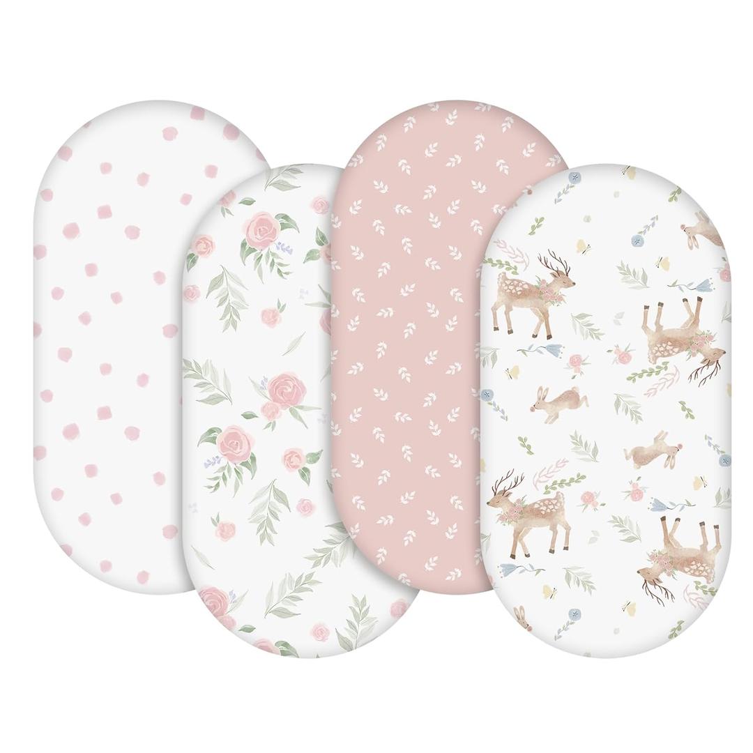 Gllquen Baby Bassinet Sheets 4 Pack, Breathable Cozy Fitted Mattress Sheet, Elastic Travel Crib Fashionable Floral Pattern, Standard Cradle Safe Sheets for Baby Boys Girls 32"x16"(Deer & Rose)