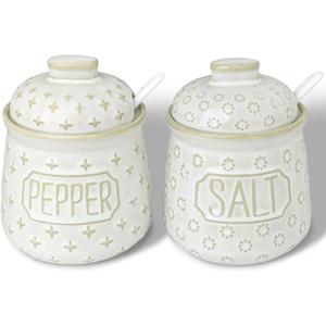 GDCZ 10 Oz Ceramic Salt and Pepper Bowls Set with Lid and Spoons, Seasoning Container, Dishwasher Safe, Set of 2 (White)