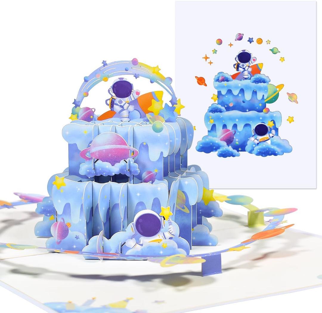 2 x 3D Birthday Pop Up Card for Boys - Astronaut and Rocket Theme Cake, for Space Theme Baby Shower Birthday Party, Envelope Included, All Occasion.