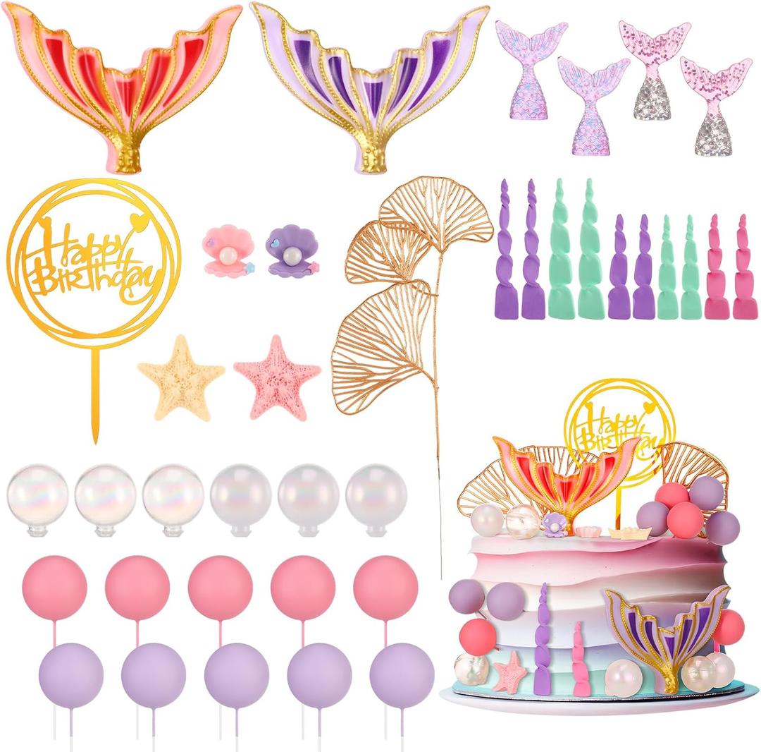 Mermaid Cake Topper, 40 Pcs Under the Sea Decorations Set with Sea Shells, Starfish & Balls, Premium Plastic Cake Decor for Birthday, Baby Shower Party
