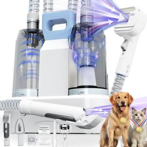 FOTING 6 in 1 Dog Grooming Vacuum & Dryer Kit, 10000pa Dogs Vacuums for Shedding Grooming, 2.1L Double Dust Cup Separator Design, Dog Dryer Clippers Brush Tool, Pet Grooming Vacuum for Dogs at Home (White)
