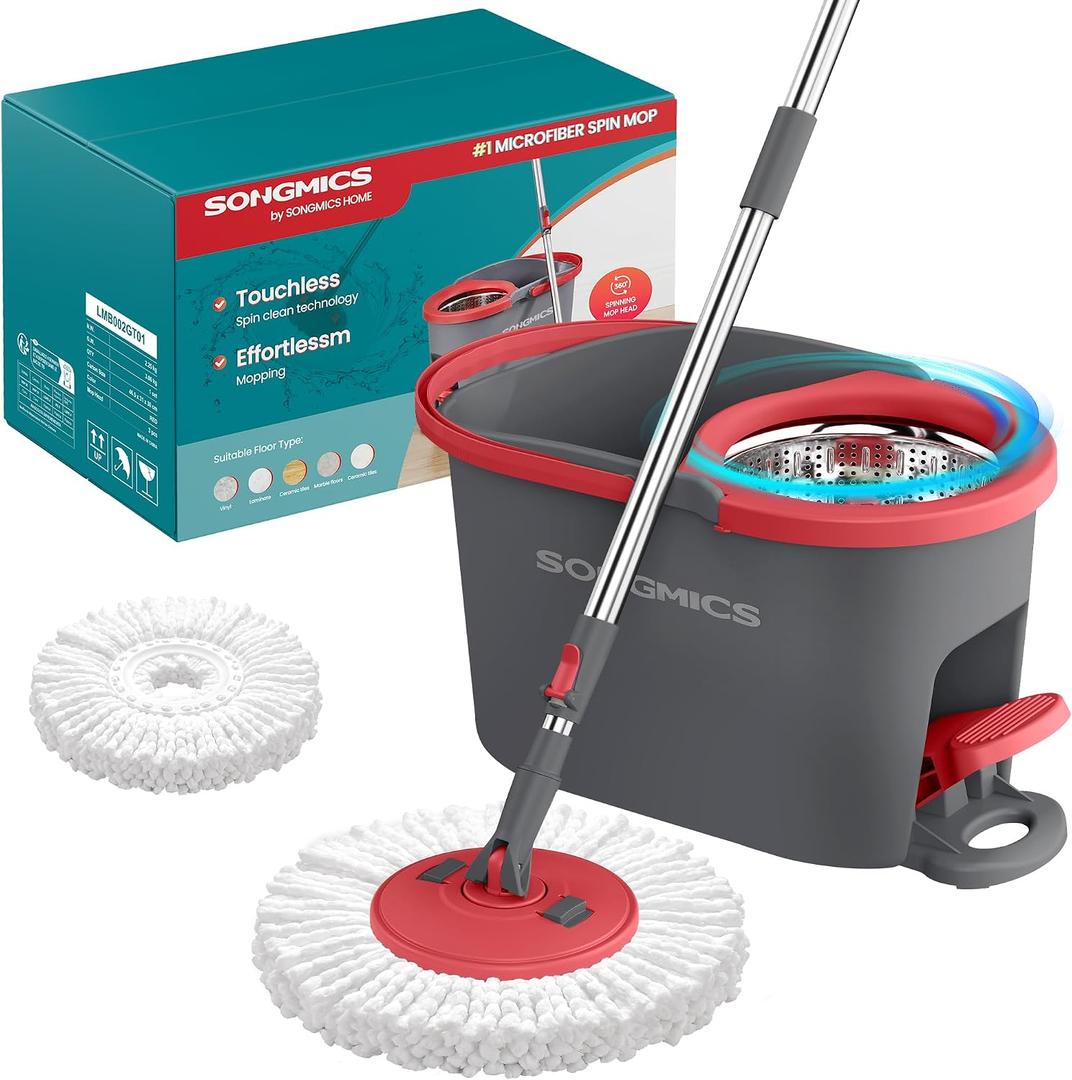 SONGMICS Spin Mop and Bucket Set with Pedal Wringer, Floor Cleaning Mop, Adjustable Telescopic Handle, Max. 59.1-Inch Length, 360 Rotating Head, 1 Microfiber Pad, Gray and Red ULMB002GT01