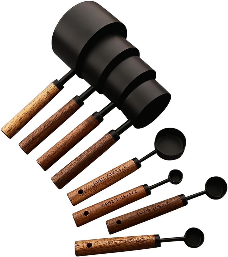 8 pieces Black Measuring Cups Set and Measuring Spoons Set with Scale, BRIIEC Wooden Handle Stainless Steel Dry & Liquid Measuring Cup for Cooking Baking