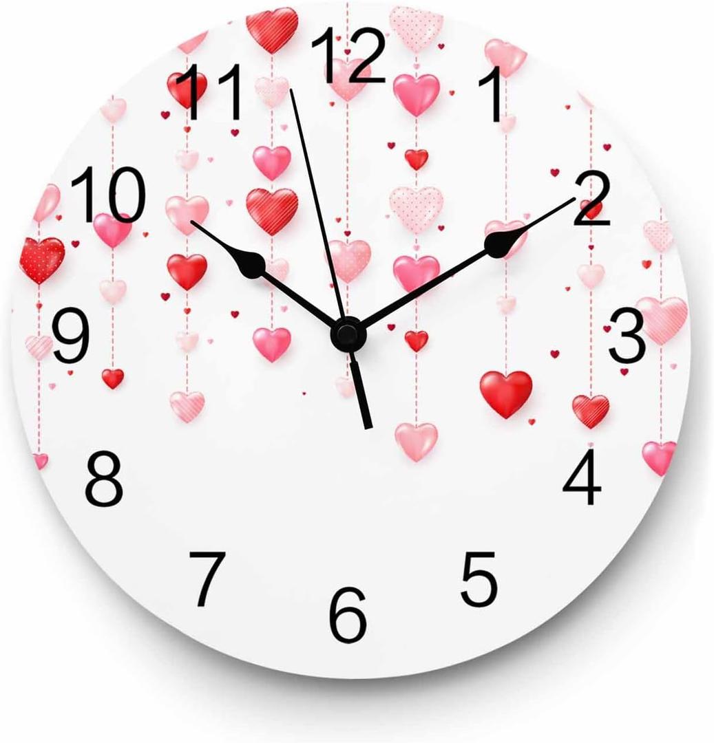 Heart Wall Clock Valentine's Day Romantic Pink Red Love Heart Battery Operated Silent Non Ticking Wall Clock Valentine's Day Decorative Round Clocks for Living Room Bedroom Kitchen 10 Inch