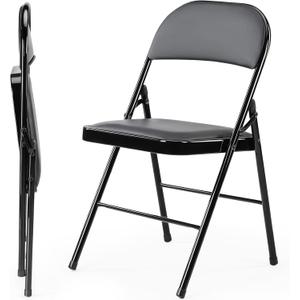Sweetcrispy Folding Chair 2 Pack, Leather Padded Foldable Chairs, Sturdy Metal Portable Chairs, Easy to Use and Store, Outdoor and Indoor, for Home, Office, Party, Garden, Black