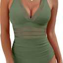 BMJL Women's Tummy Control Swimsuit Mesh Sexy One Piece Bathing Suit Deep V Neck Swimwear(Pea Green,S)