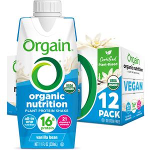 Orgain Organic Nutritional Vegan Protein Shake, Vanilla Bean - 16g Plant Based Protein, Meal Replacement, 21 Vitamins & Minerals, Fruits & Vegetables, Gluten Free, Non-GMO, 11 Fl Oz (Pack of 12)