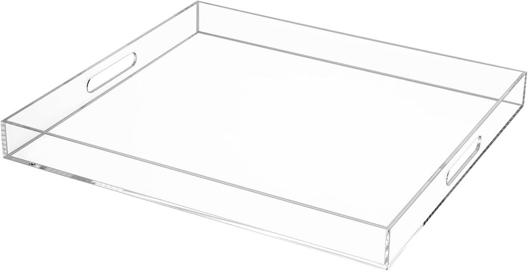 Clear Rectangular 18x20 Inches Acrylic Ottoman Tray Decorative Serving Tray with Cutout Handles Organizer Tray on Coffee Table Countertop Big Breakfast Bed Tray Living Room Appetizer Serving Food