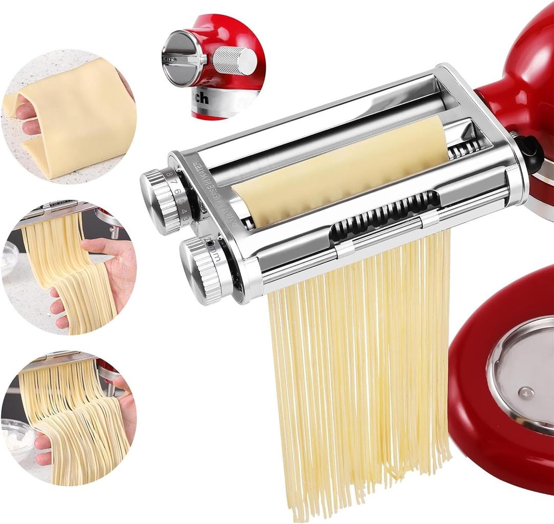 Pasta Maker Attachment 3 in 1 Set for KitchenAid Mixers Plus Hub Knob Screw Accessory Included Dough Sheet Roller, Spaghetti & Fettuccine Cutters and Cleaning Brush