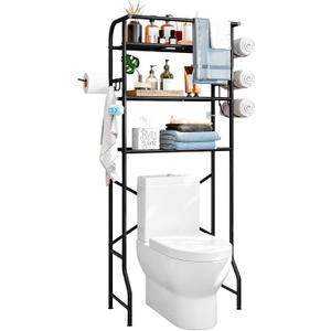 Over The Toilet Storage Metal 3 Tier Bathroom Organizer Shelf with Paper Holder Easy to Assemble & Space Saving (Black)