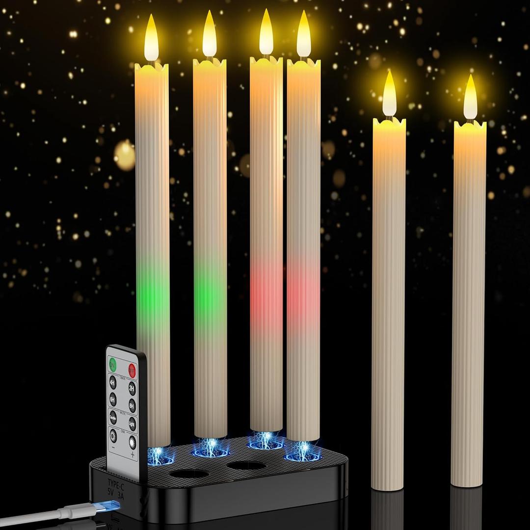 YiaMia Upgraded Flameless Taper Candles 6 Pack, Rechargeable Taper Candles with Magnetic Wireless Charging Base & Remote, Battery Operated Candlesticks for Wedding, Halloween, Home Decoration
