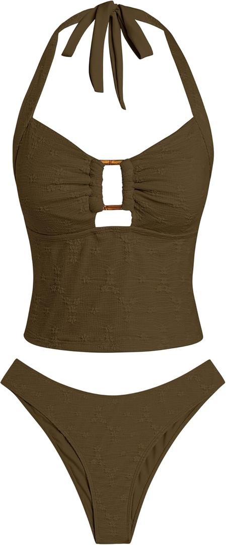 ZAFUL Tankini Swimsuits for Women Halter Ring Bathing Suits Tummy Control High Cut Two Piece Tankini Sets (Large, 0-brown)