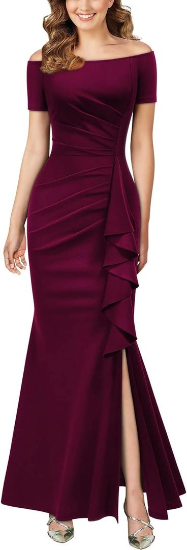 AISIZE Women's Elegant Off Shoulder Ruffle Formal Evening Long Dress (XL)