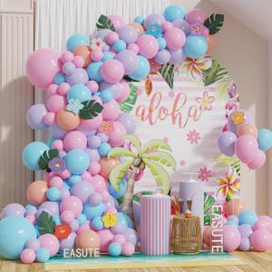 2 x Moana Birthday Decorations Pink Purple and Blue Balloon Arch Kit with Summer Hibiscus Stickers for Tropical Hawaii Luau Tiki Magic Theme Party Supplies
