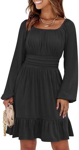 ANRABESS Womens Dress Long Lantern Sleeve Square Neck Elastic Waist Ruffle Flowy Swing A-Line Short Dresses 2025 Fall Fashion M