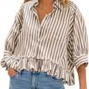 CHYRII Womens Summer Tops Dressy Casual Blouse Top Ruffled Short Sleeve Button Down Striped Shirt Tan M