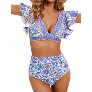 Women's Ruffle High Waisted Swimsuit Two Piece Tropical Print Swimsuit Push Up Bathing Suit (Large)