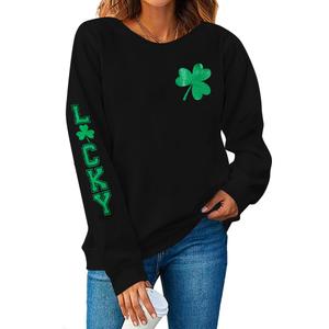KIMSOONG St. Patrick's Day Sweatshirt for Women Sequins Shamrock Print Shirts Long Sleeve Crewneck Pullover Tops Black