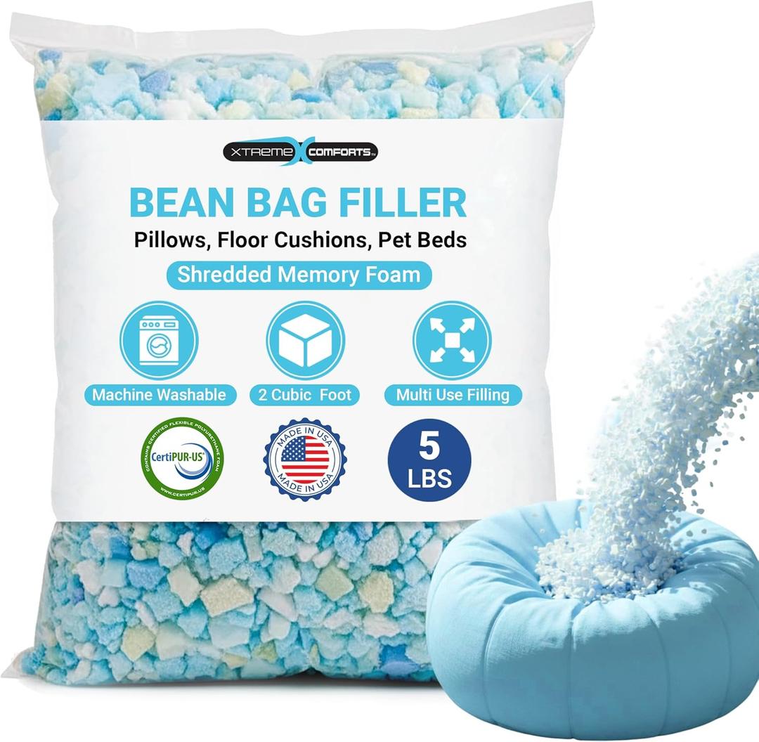 Xtreme Comforts Bean Bag Filler (5 Lbs) | Machine Washable Shredded Memory Foam Pillow Stuffing for Cushion, Couch, Bean Bag Refill Filling, Dog Beds, Stuffing For Stuffed Animals & Stuffing for Crafts
