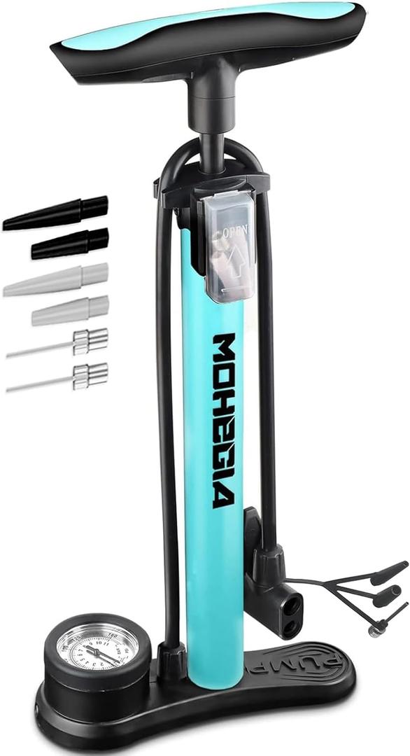 MOHEGIA Bike Floor Pump with Gauge: Air Bicycle Pump with High Pressure 160 PSI,Fits Schrader and Presta Valve -Inflator with Ball Pump Needles for MTB Road Bike, Ball, Balloon, Inflatables (blue)