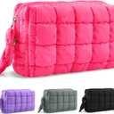 Puffer Quilted Makeup Bag Cosmetic Bags,Puffy Travel Toiletry Pouch for Women,Cute Checkered Zipper Bag Travel Essential,Portable Aesthetic Make up Organizer Bag for Gifts Work Daily(RoseRed,M)