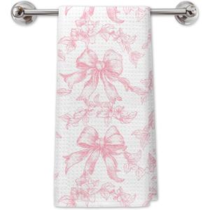 Pink Chinoiserie Floral Bow Kitchen Towels, Coquette Pink Bow Hand Towels for Bathroom, Vintage Pink Dish Towels Tea Towels for Kitchen, Coquette Bathroom Decor, Pink Kitchen Decor, 16x24 Inch