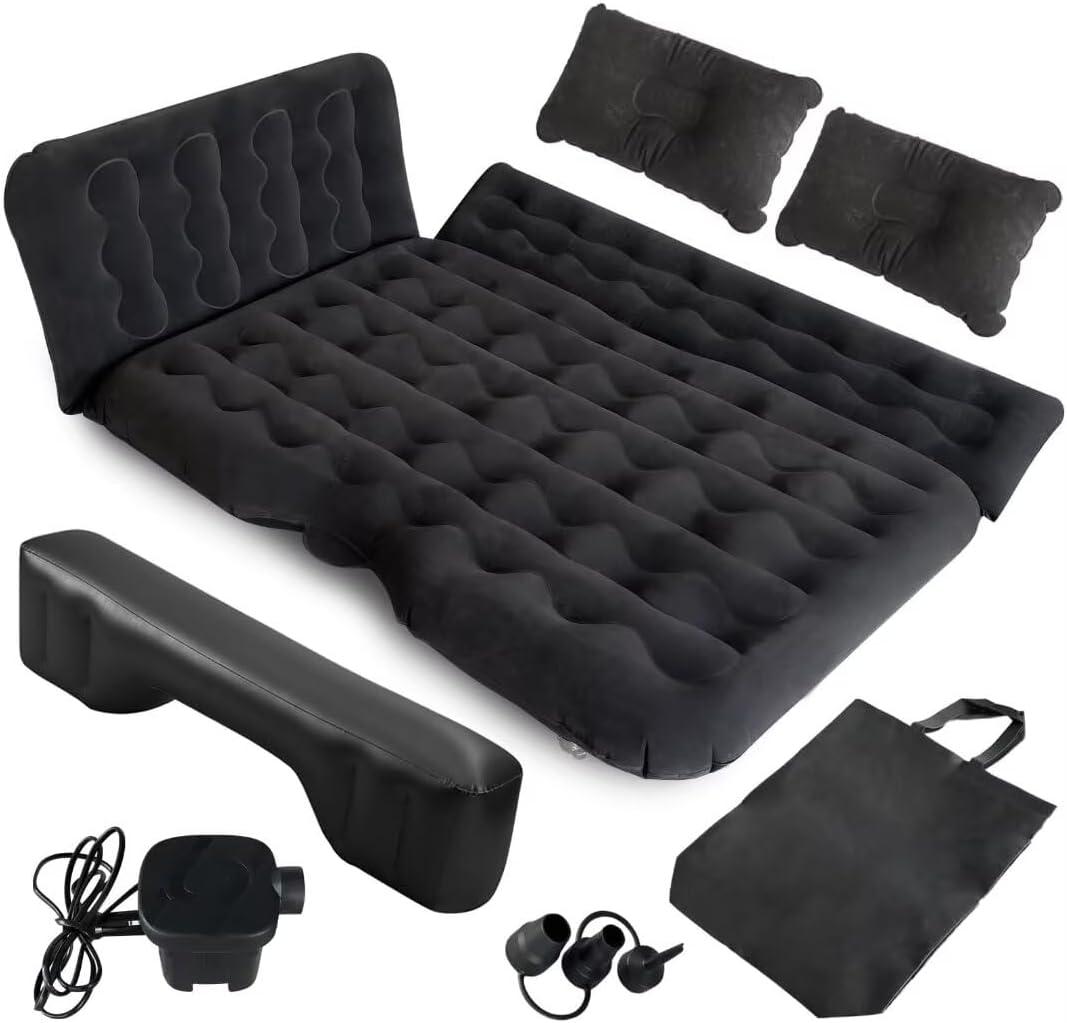 HNXKB SUV Air Mattress Car Camping Bed - Inflatable Thickened and Double Car Air Mattress Bed with Air Pump Portable Foldable Car Air Bed Mattress for Home Car Travel Camping-(Black)