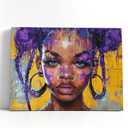 African American Teen Black Girl Wall Art Purple Hair Girl Prints Painting Picture Canvas Framed Inspirational Wall Art Decor For Living Room Kitchen Office Bathroom Bedroom Home Wall Art Wall Decor (20"L x 16"W)