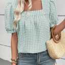 EVALESS Tops for Women Short Sleeve Tunic Blouse Square Neck Gingham Tops Cotton Blend Plaid Shirt Cute Checkered Shirt. L Size