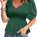 Acelitt Women's Spring Summer Puff Short Sleeve Peplum Top Casual V Neck Smocked Blouses Dressy Shirt (D-z Green), S