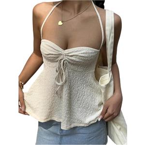 SOLY HUX Women's Sleeveless Tie Front Halter Top Tie Backless Flowy Camisole Going Out Cami Vest (Beige, S)