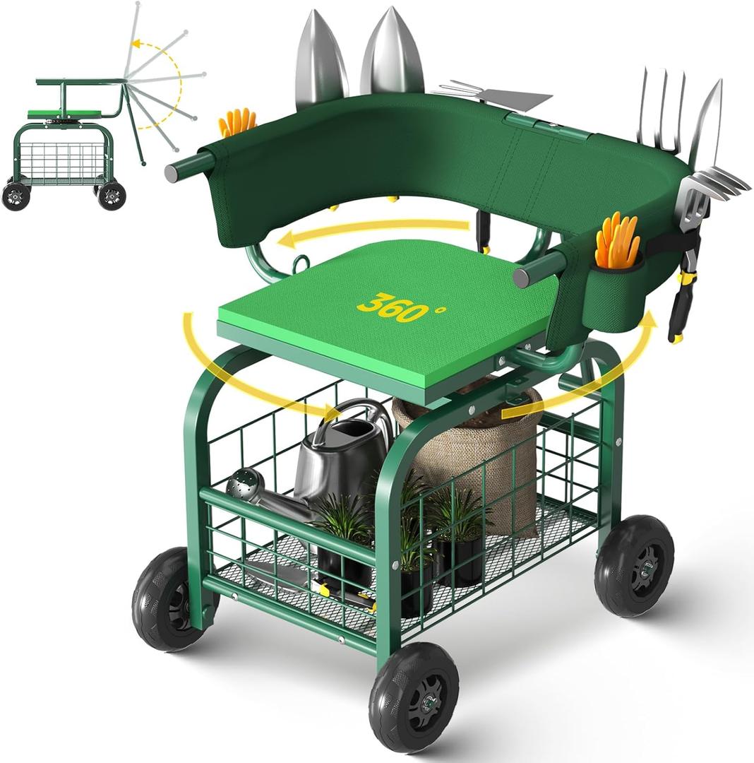 Suntee Garden Seat with Wheels, Rolling Gardening Stool with 360 Swivel Seat & Backrest,Tool Storage Basket & Back Tool Pouch, Adjustable Handle, Outdoor Gardening Scooter, Garden Cart for Seniors