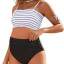 Bhome Maternity Swimsuit Two Pieces Adjustable Spaghetti Straps Smocked Bandeau Top with High Waisted Pregnant Swimwear (Large, Black and Stripes)