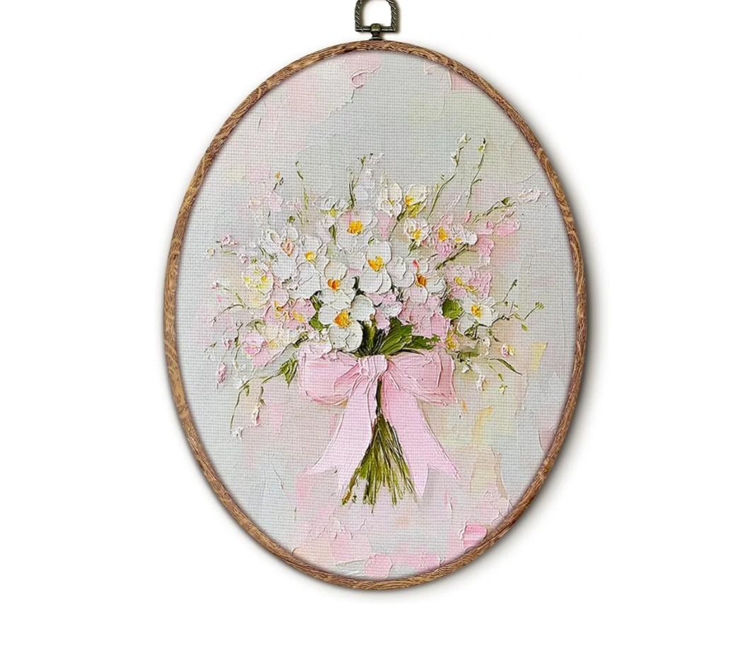 Vintage Pink Bow Floral Bouquet Oval Wall Art Framed, White Floral Oval Wall Decor, Vintage Flower Hanging Canvas Prints Wall Sculptures for Bedroom Living Room Decor, 8.5x11.5 Inch 2 pcs