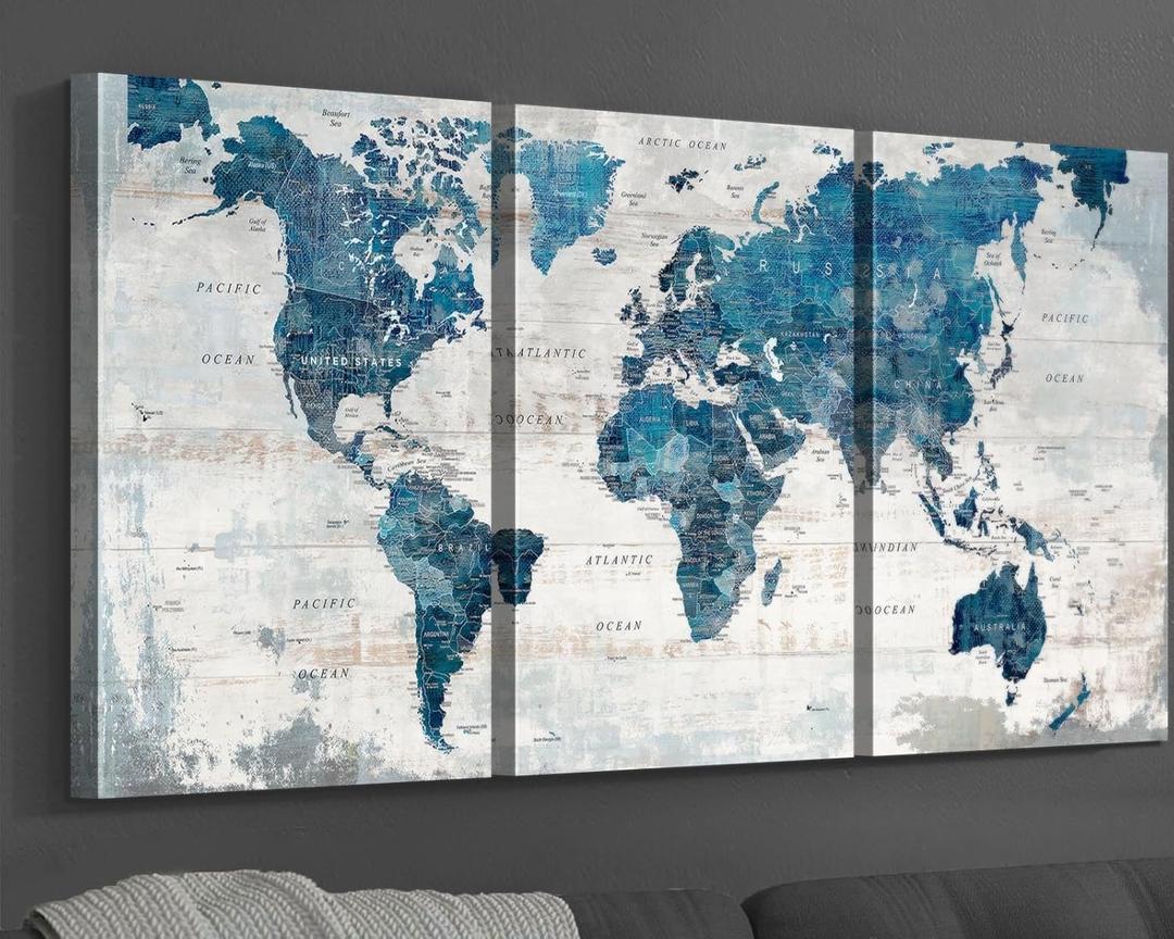 Living Room Wall Art Office Pictures Wall Decor for Bedroom Canvas World Map Art Kitchen Decor Framed Paintings for Wall Decorations (Overall 48''W x 24''H, Blue)