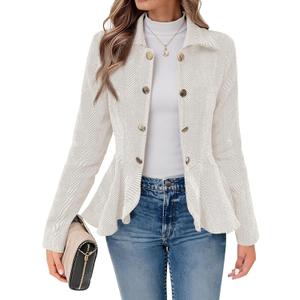 Cicy Bell Elegant Women Blazer Business Work Office Peplum Hem Jacket Open Front Herringbone Coats (XXL, Beige)