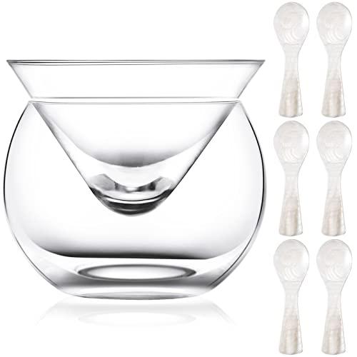 Sabary Glass Caviar Chiller Server Set Plus 6 Pcs 3.2 Inch Mother of Pearl Round Handle Spoons Caviar Serving Set Universal Martini, Wine, Liquor Cocktail Ice Cream Chiller Dishwasher Safe
