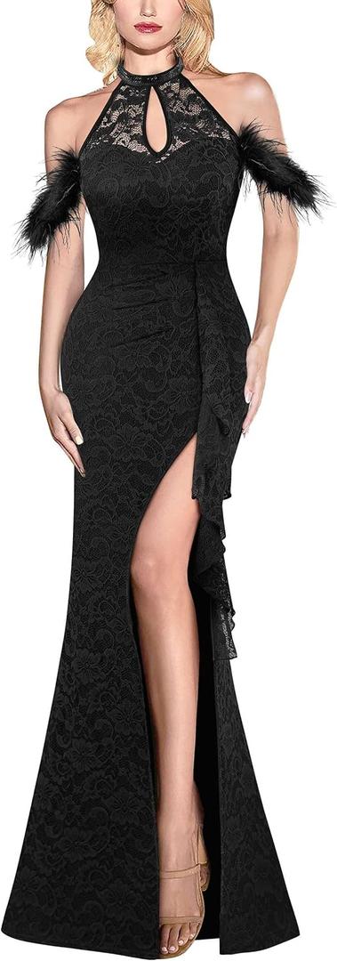 VFSHOW Womens Formal Prom Beaded Halter Neck Keyhole Maxi Dress Feather Cold Shoulder Ruffle High Slit Evening Gown (Black, XXXL)